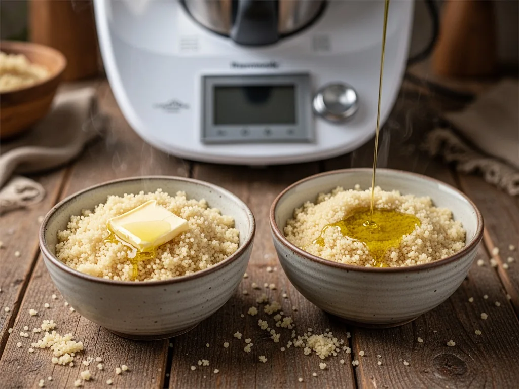 Two small bowls of prepared couscous semolina, one with butter melting, one with olive oil drizzle, Thermomix blurred in