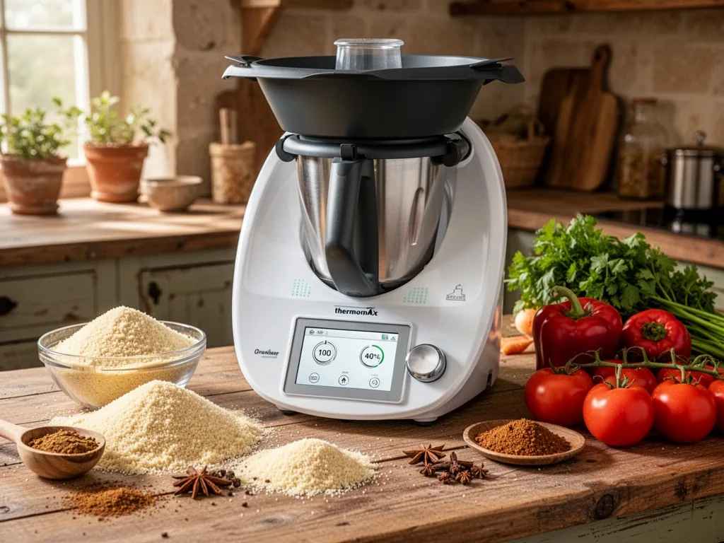 A Thermomix robot on a kitchen counter, surrounded by raw semolina, spices, and fresh vegetables, natural daylight