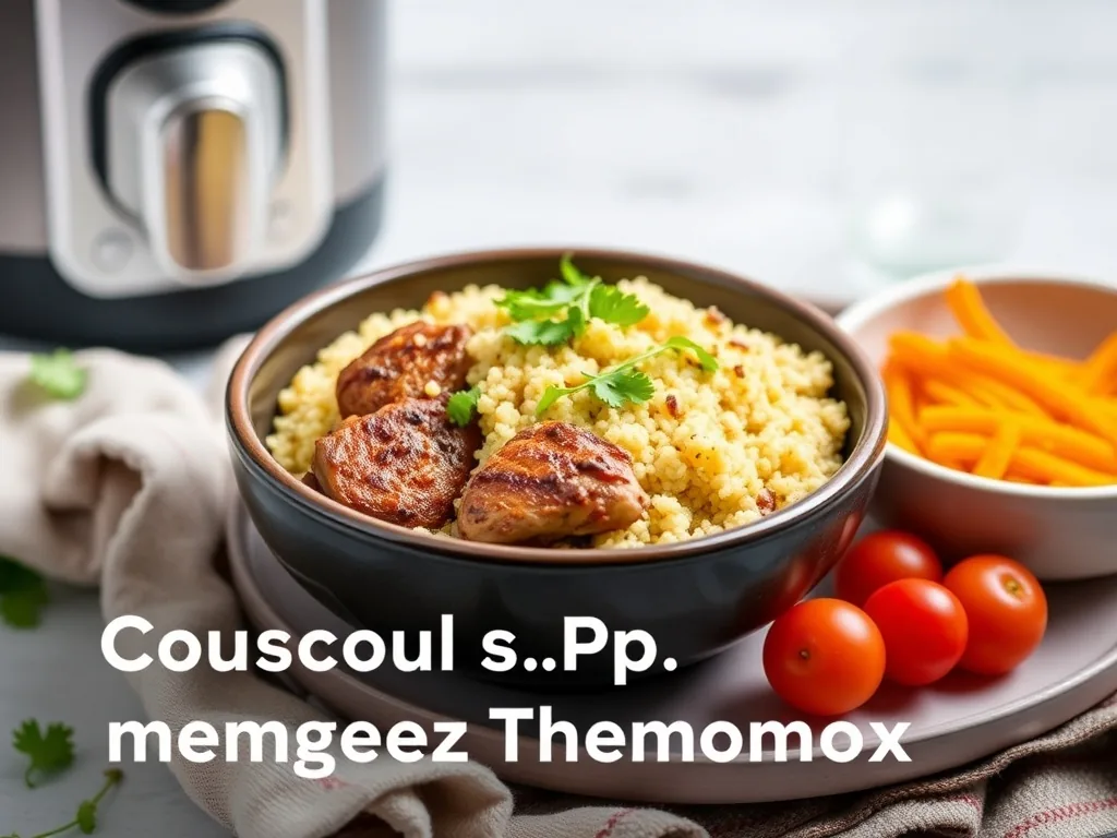 Plat de couscous avec semoule vapeur, pilons de poulet, merguez grillées, carottes, navets et courgettes, servi dans un grand plat familial