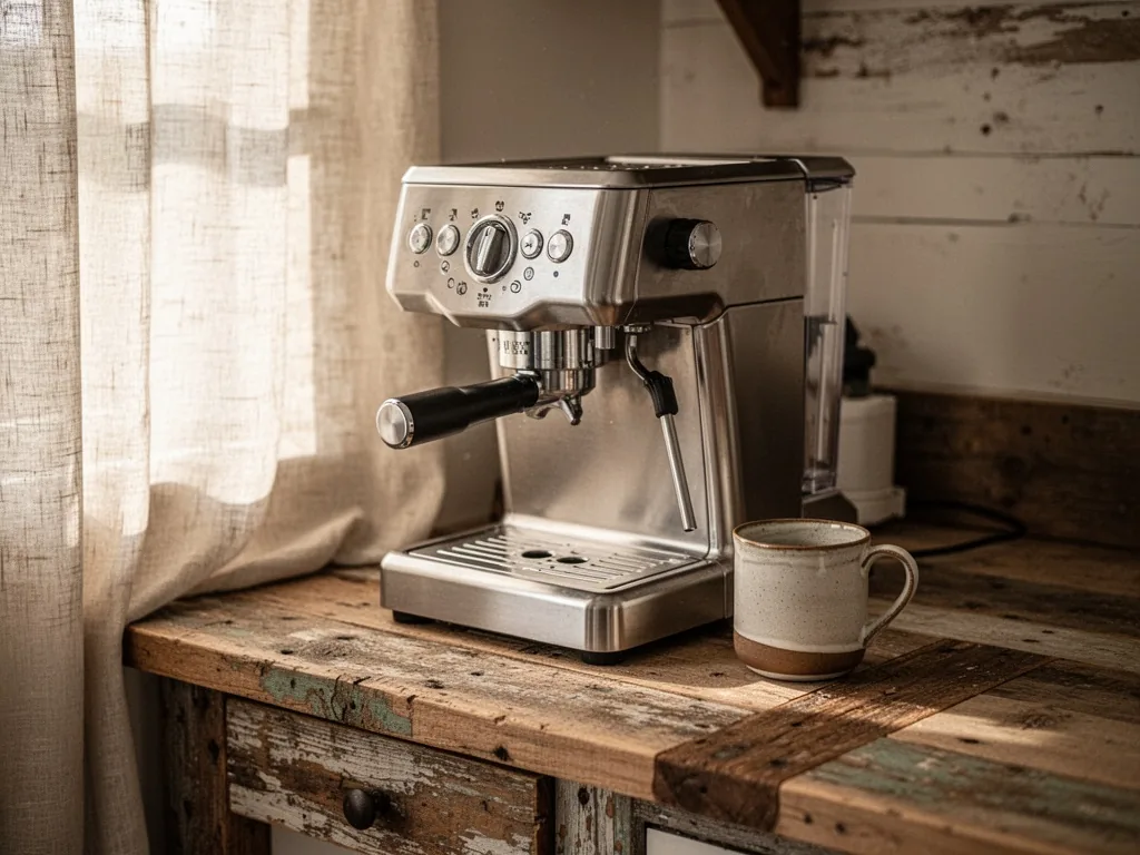 A sleek stainless steel coffee machine on a reclaimed wooden counter, a single ceramic mug beside it, soft morning light