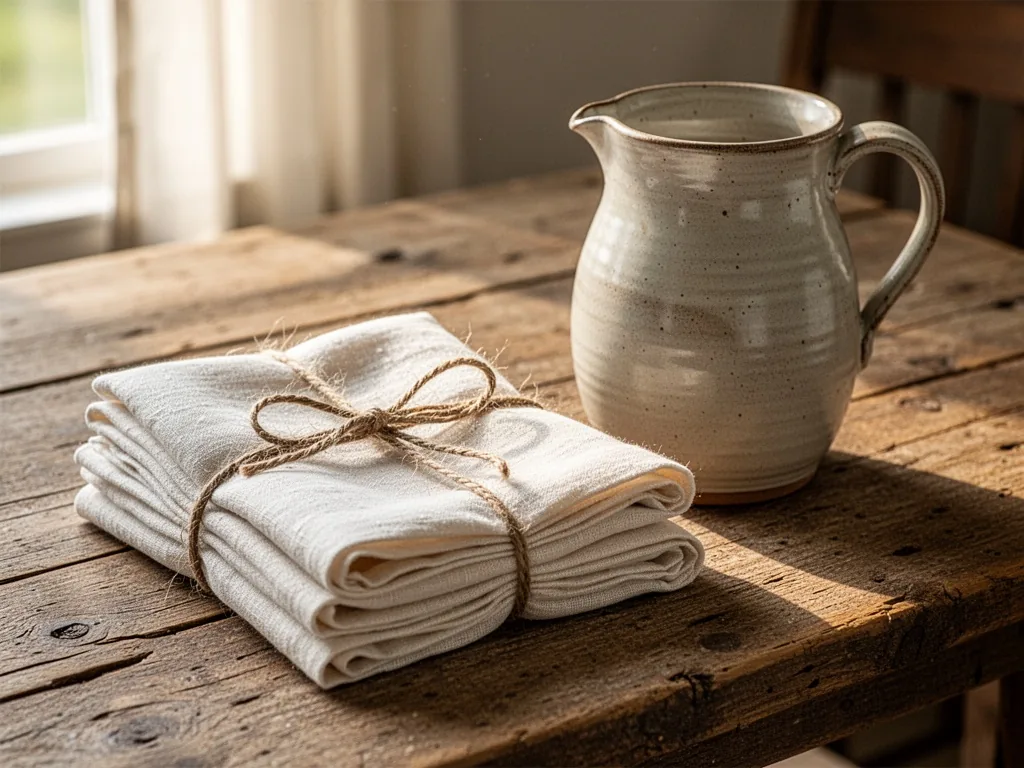 A stack of cream linen napkins tied with jute twine next to a hand-thrown clay pitcher on a rough-hewn table, gentle aft