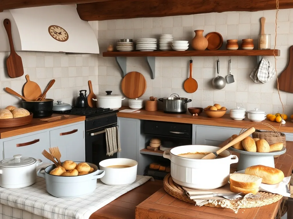 Cuisine ancienne campagne avec meubles en bois patiné, vaisselle vintage et bouquet de lavande