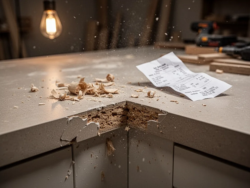 A close-up of a chipped laminate kitchen countertop edge exposing raw particleboard, scattered wood shavings, a crumpled