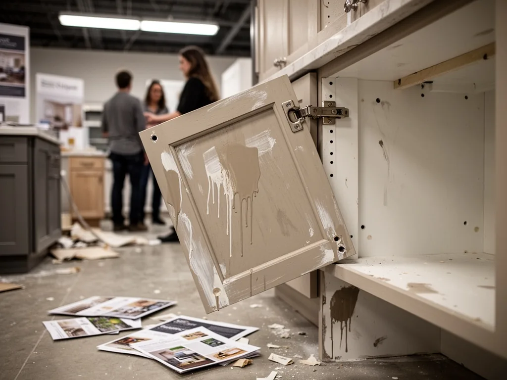 A kitchen cabinet door hanging crookedly on a single hinge, exposed screw holes, paint drips, blurred figures in backgro