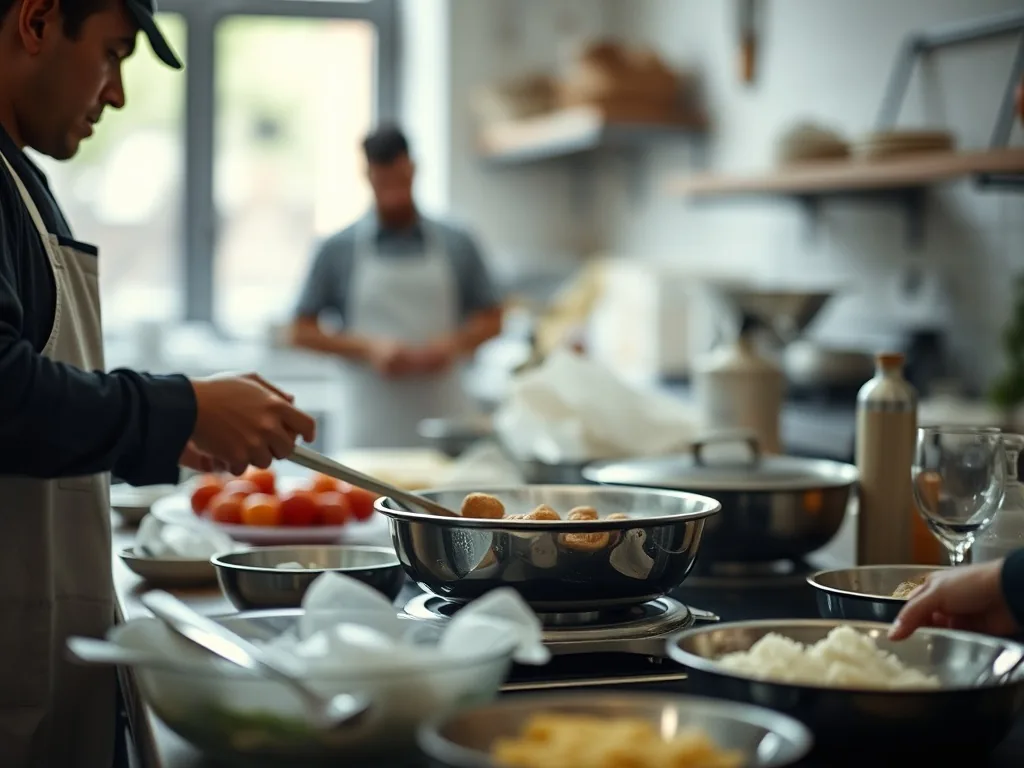 Cuisine équipée avec façades en bois clair, plan de travail stratifié et crédence carrelée, dans un atelier de fabrication français
