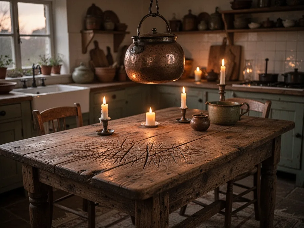 An antique wooden farmhouse table with a deeply scored surface, a heavy copper pot hanging above, warm candlelight and s