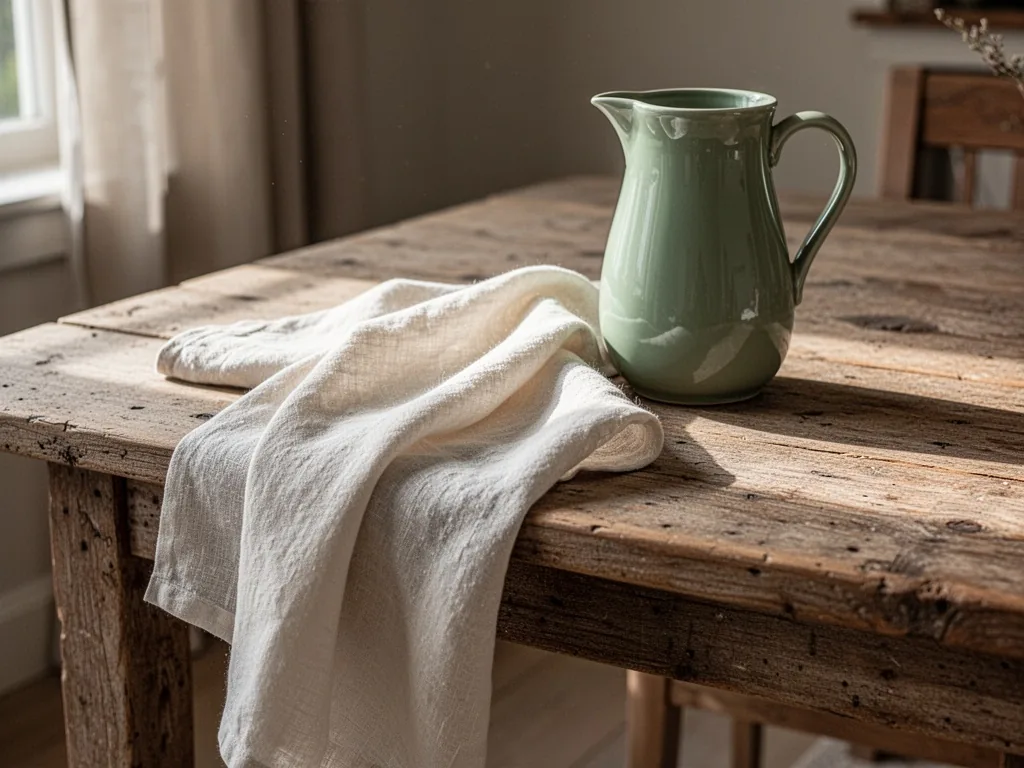 An off-white linen napkin draped on a weathered wooden table, next to a sage green ceramic pitcher, soft morning sunligh