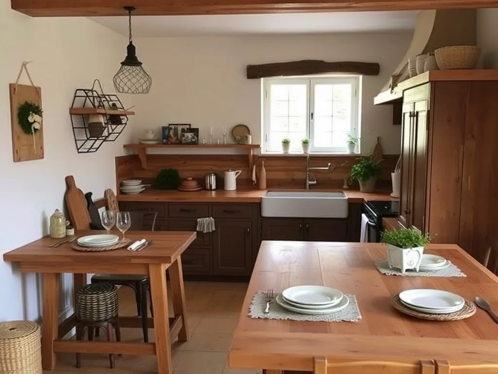 Cuisine rustique chic avec poutres en bois, plan de travail en pierre naturelle, suspensions en métal et crédence en zellige