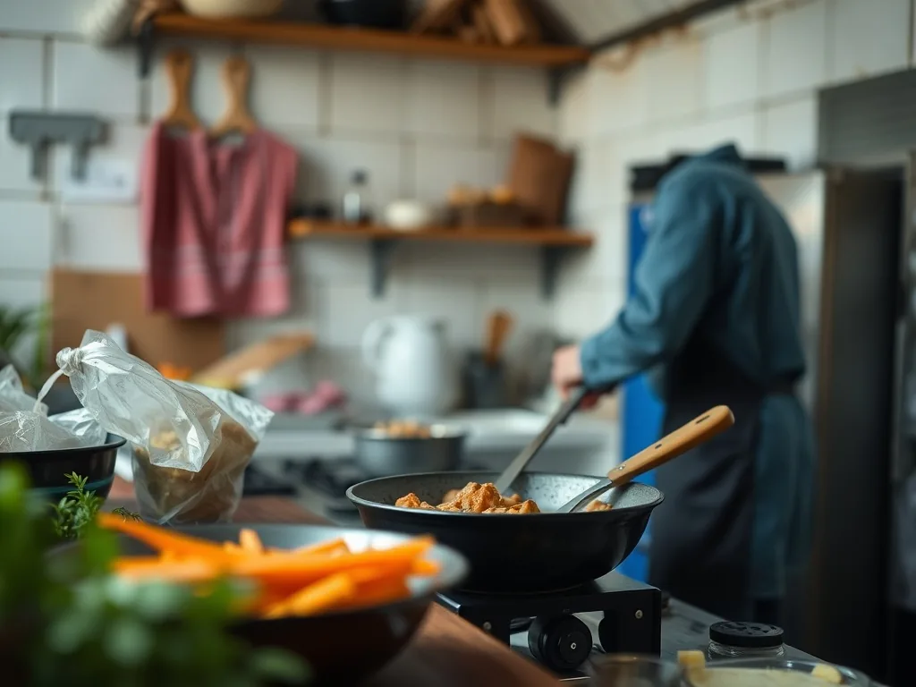 Plan de travail avec courgettes, carottes, œufs, riz, conserve de pois chiches et une poêle, prêts pour un dîner rapide en