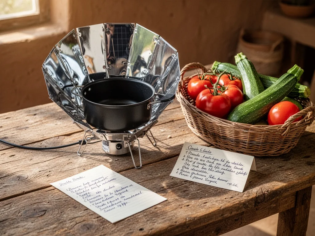 A small portable solar cooker with a reflective panel and black pot, a wicker basket of fresh tomatoes and zucchini, a h