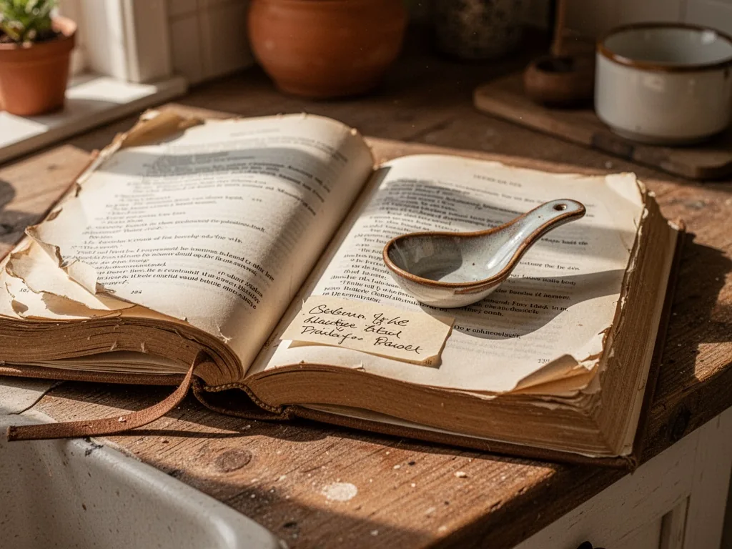 An open cookbook with dog-eared pages and a handwritten note on the margin, a ceramic spoon resting on the book, warm af