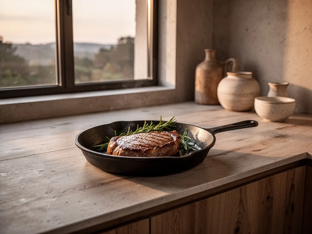 A modern minimalist kitchen counter with a cast-iron skillet containing a golden-brown seared steak and fresh rosemary, 