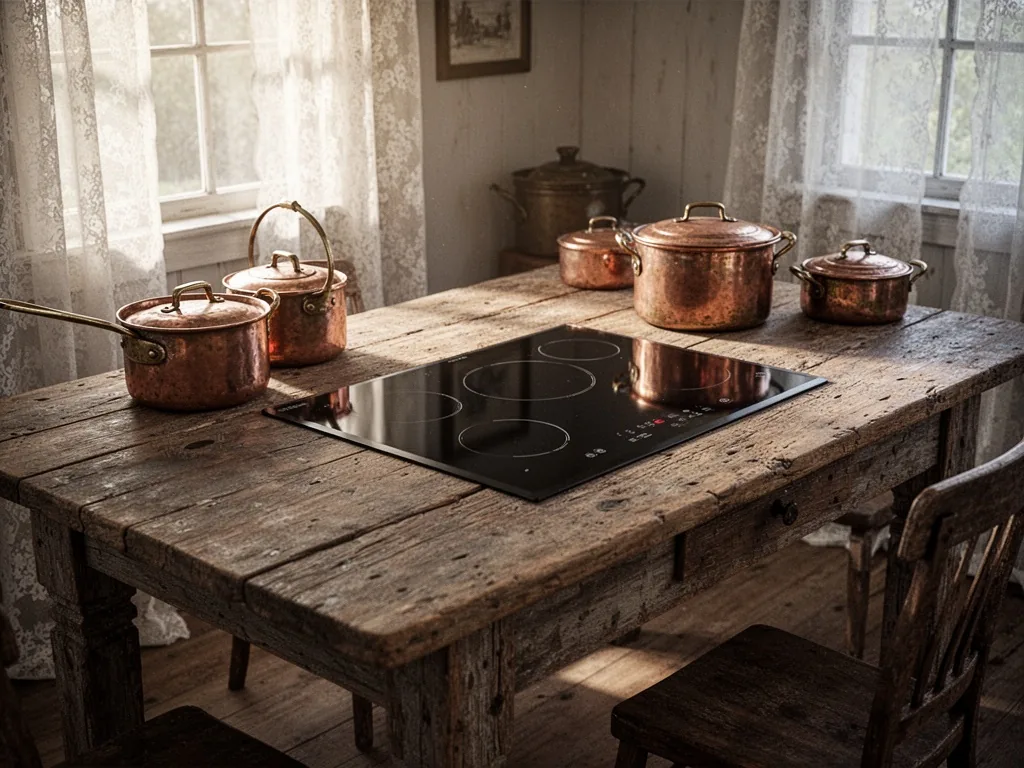 A weathered wooden farmhouse table with a sleek induction cooktop built into its surface, surrounded by antique copper p