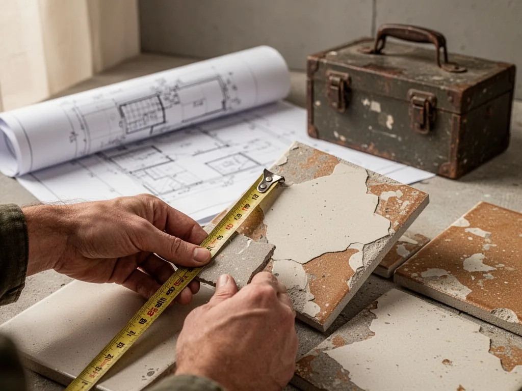 A close-up of hands holding a measuring tape alongside a chipped ceramic tile, with a blurred professional architect’s b