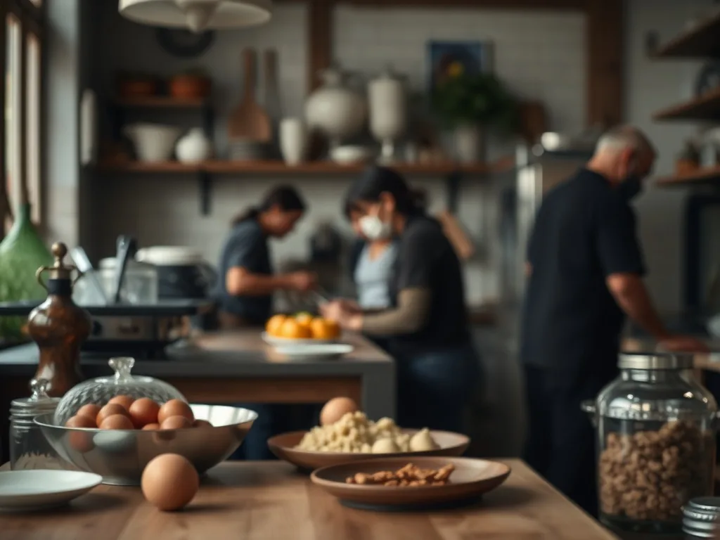 Cuisine ancienne relookée avec des façades peintes en bleu canard, crédence carrelée et plan de travail en bois clair