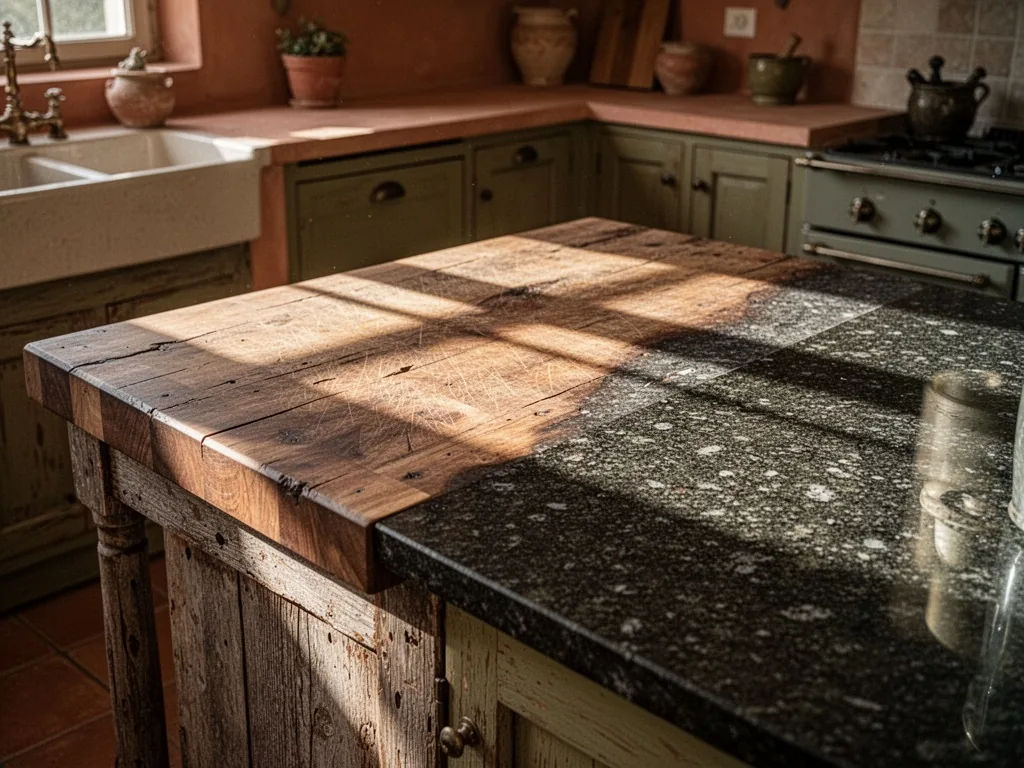 A weathered wooden butcher block countertop with visible grain slowly transitioning into a polished dark granite surface
