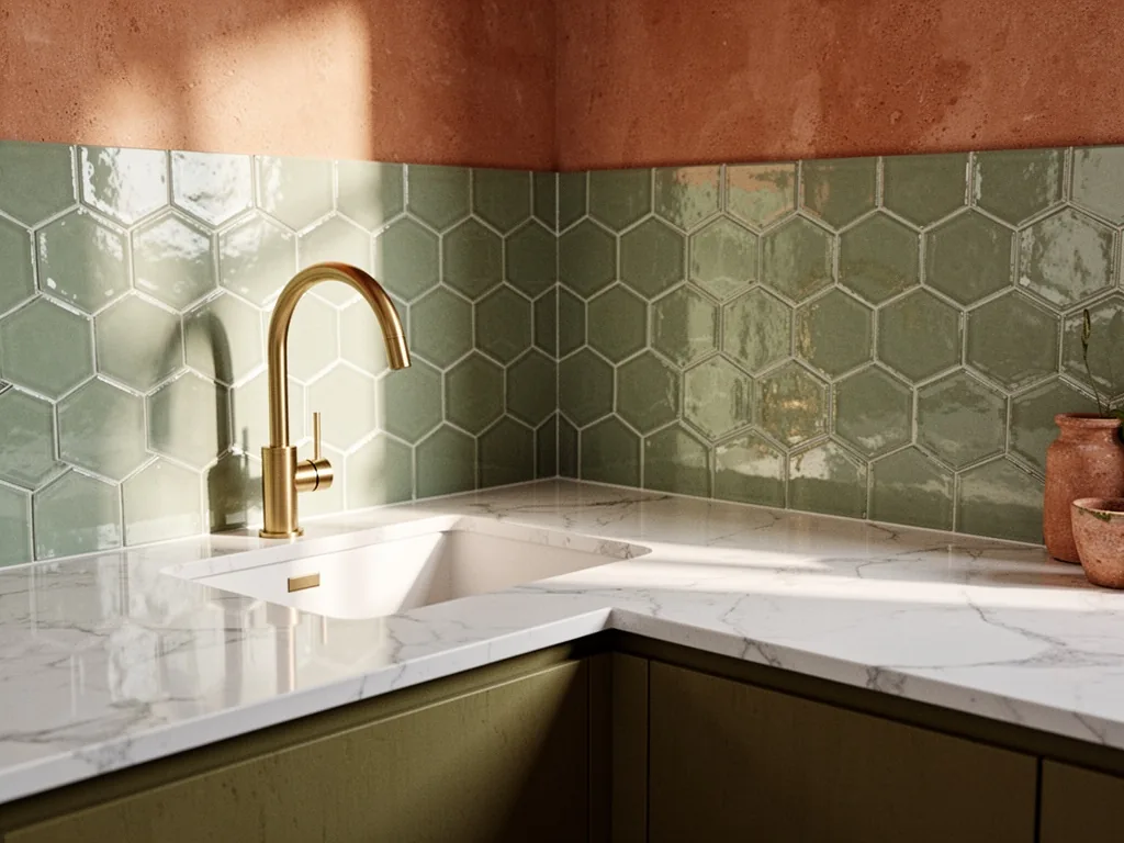A sleek white quartz worktop with a hexagonal subway tile backsplash in sage green, soft morning light reflecting off gl