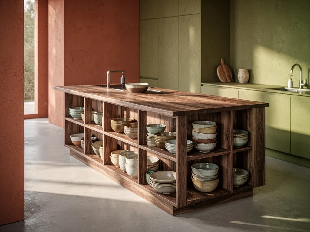 An elongated kitchen island with a walnut top and floor-to-ceiling open shelving displaying ceramic bowls, a clear walkw