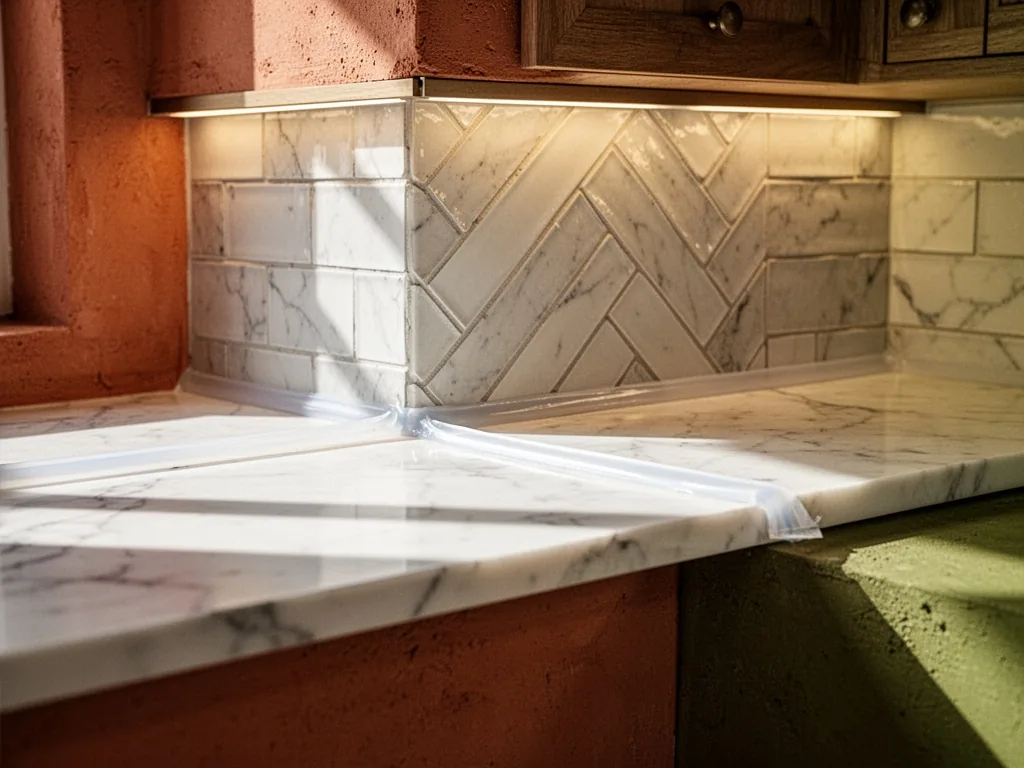 A close-up of a properly sealed silicone joint between a white marble countertop and herringbone subway tile backsplash,