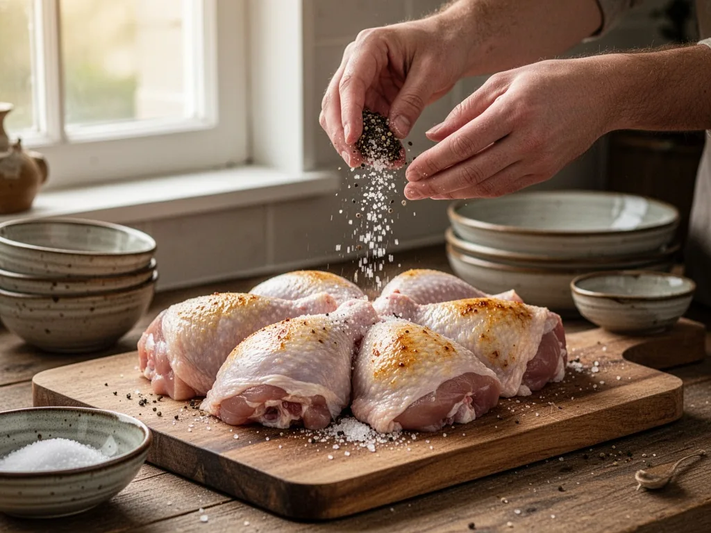 Raw chicken thighs on a wooden board, hands sprinkling coarse salt and black pepper, soft natural light from a nearby wi