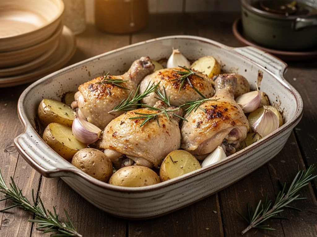 A single oven dish with golden chicken thighs nestled among halved potatoes and garlic cloves, fresh rosemary scattered,