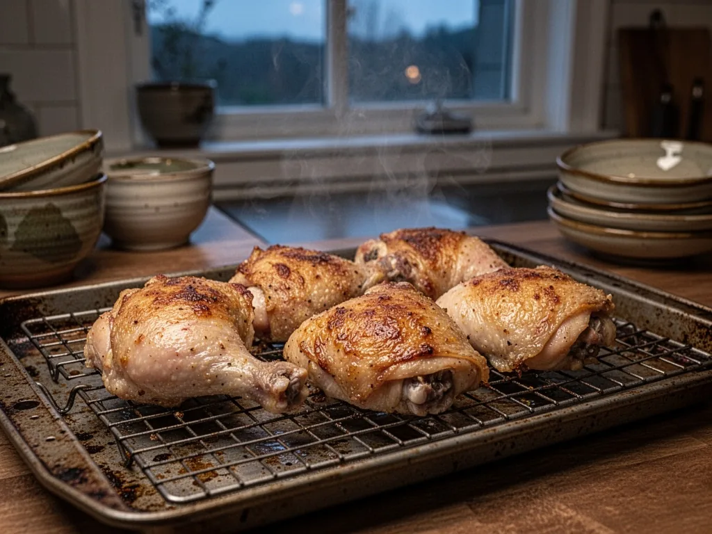 Crispy chicken thighs on a wire rack over a baking sheet, reheated in oven, slight steam rising, muted evening light thr