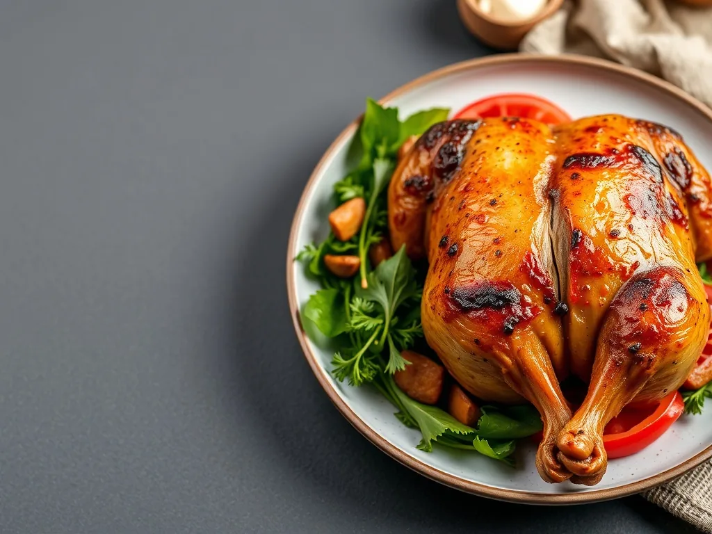 Cuisse de poulet dorée au four, posée dans un plat avec des herbes