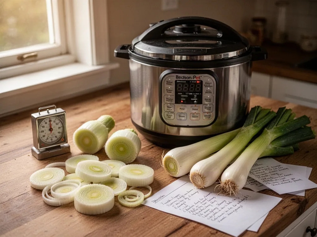 Sliced leeks in rounds, halved leeks, and whole trimmed leeks arranged beside a stainless pressure cooker on a wooden co