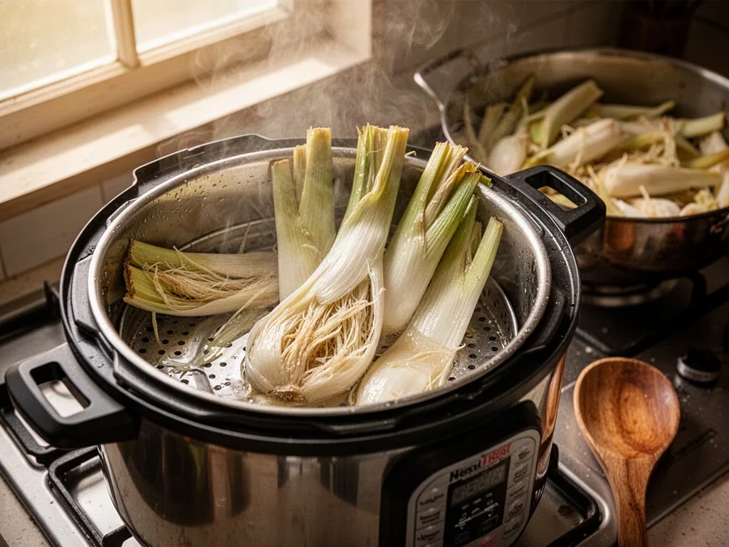 Overcooked leeks slumping in a steaming pressure cooker basket, split fibers, pooled water, and a crowded pot visible on
