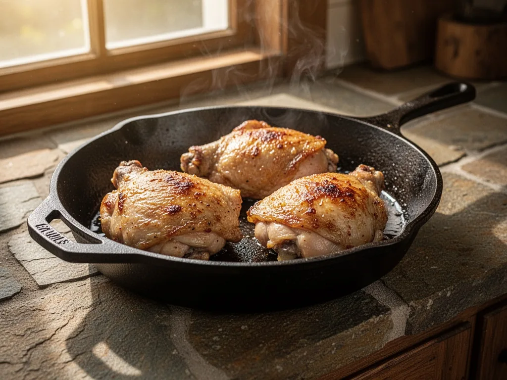A cast-iron skillet with golden-brown chicken thighs, crispy skin glistening, placed on a stone countertop, soft afterno