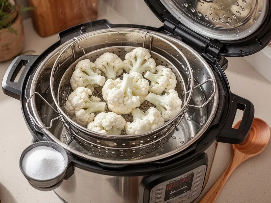 A stainless steel steamer basket holding white cauliflower florets above water inside an open pressure cooker, a small d