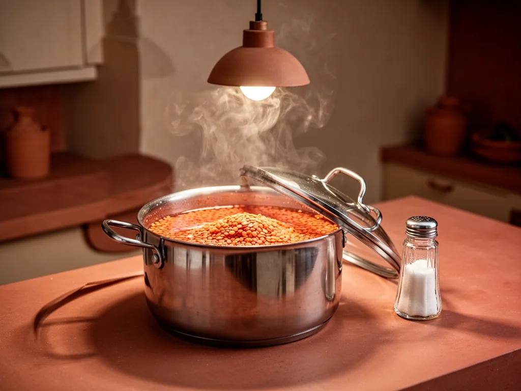 A stainless steel pot filled with red lentils and water, a lid slightly ajar, a salt shaker nearby, soft steam rising, w