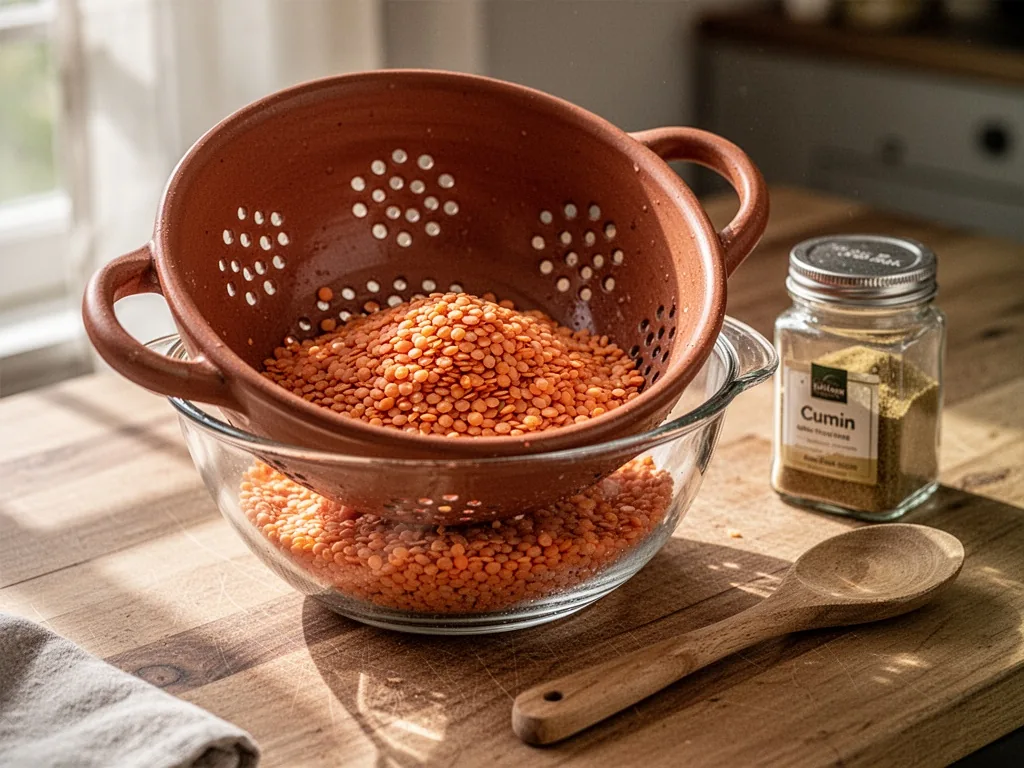 A ceramic colander over a glass bowl, drained red lentils piled inside, a wooden spoon and a jar of cumin on a wooden co
