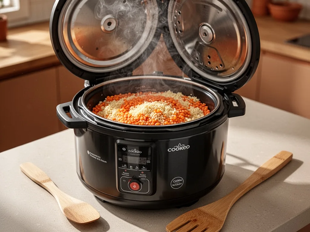 A black Cookeo pressure cooker on a counter, lid open revealing red lentils mixed with couscous grains, a wooden spatula