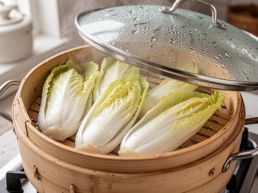 Endive halves arranged in a bamboo steamer basket over a pot of gently simmering water, glossy pale leaves, condensation