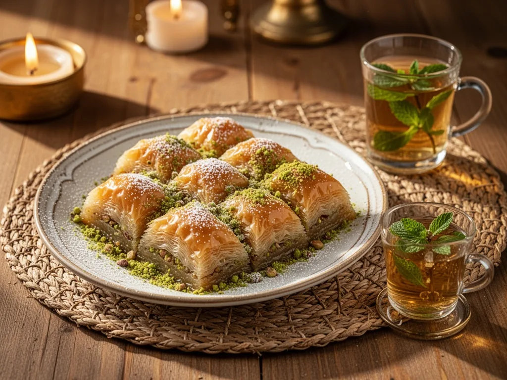 A plate of golden baklava with thin phyllo layers and crushed pistachios, dusted with powdered sugar, placed on a woven 