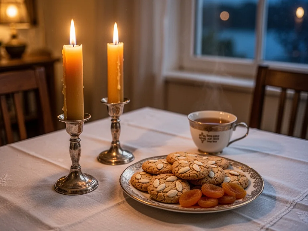 Two unlit Shabbat candles in silver holders on a white tablecloth, a plate of parvé almond cookies and dried apricots ne