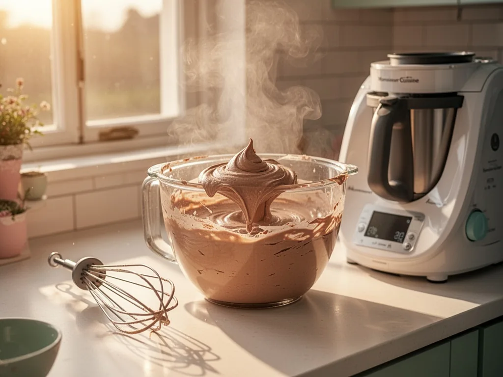 A Monsieur Cuisine mixing bowl overflowing with light chocolate mousse, whisk attachment resting on the counter, morning