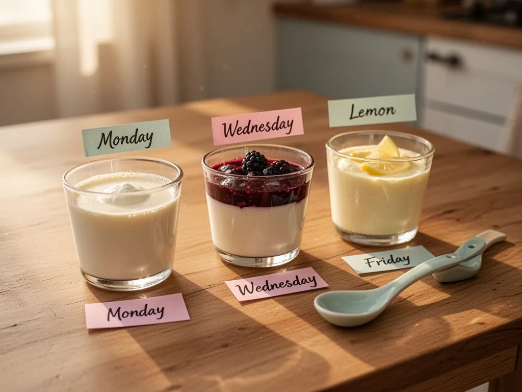 A wooden table with three small dessert glasses, vanilla panna cotta, berry compote, lemon mousse, each labeled Monday, 