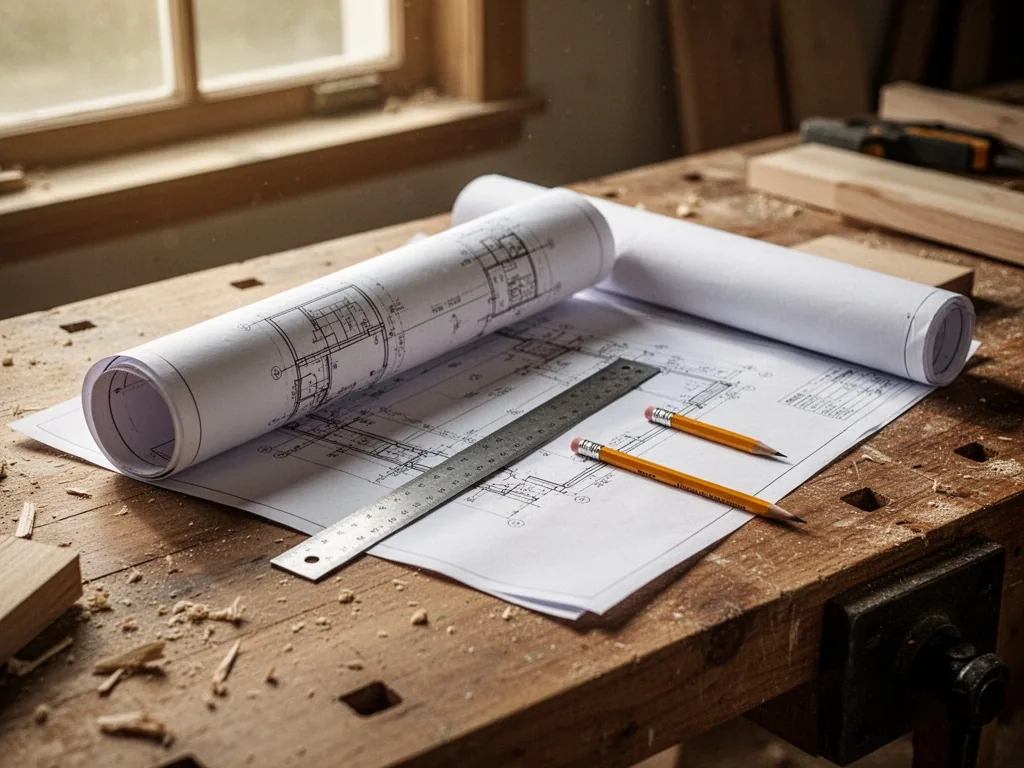 A rolled blueprint with a metal ruler and a carpenter's pencil resting on a wooden workbench, morning light from a windo