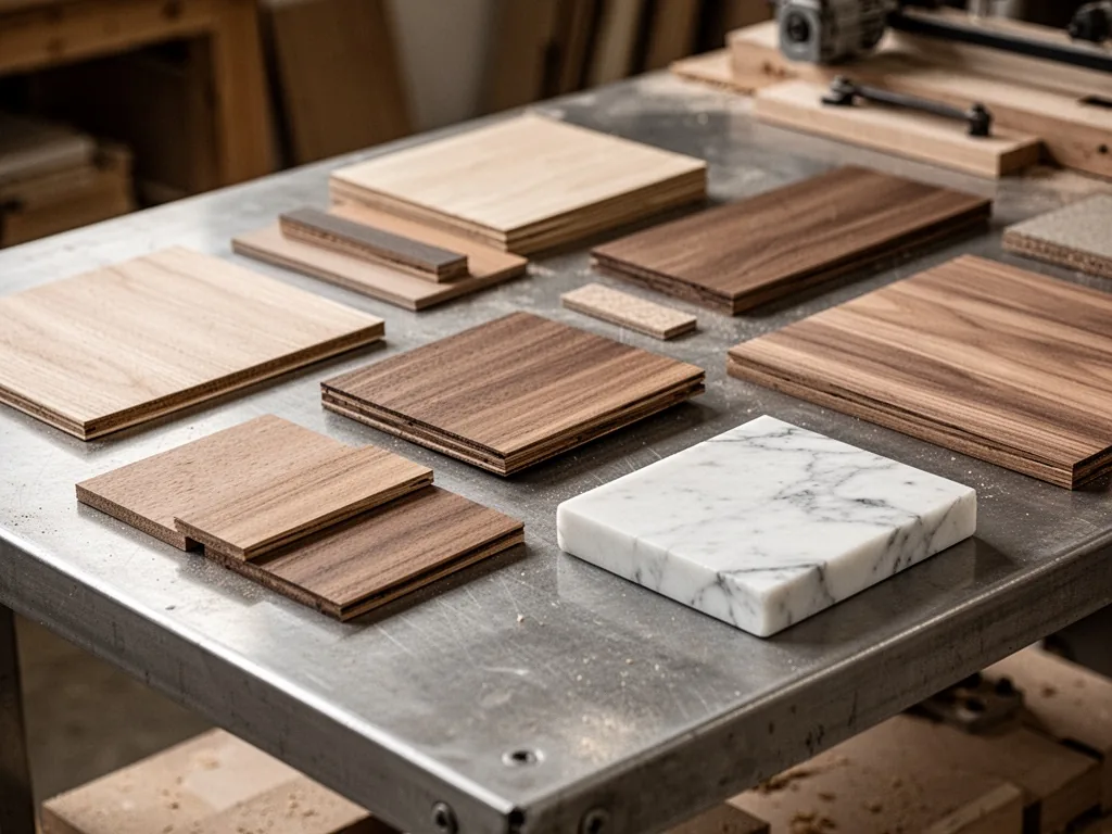 Various wood veneer samples and a piece of white marble on a metal table, diffused overhead light, shallow depth of fiel