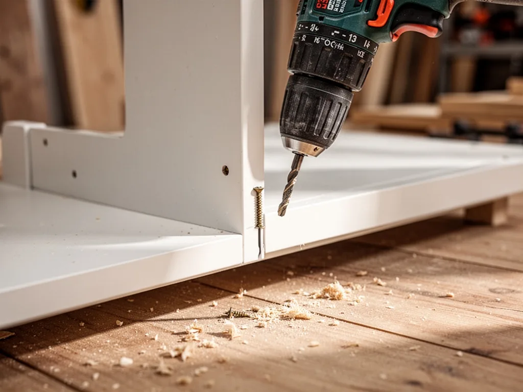 A power drill with a Phillips bit driving a screw into a white cabinet panel, sawdust on a wooden floor, soft workshop l