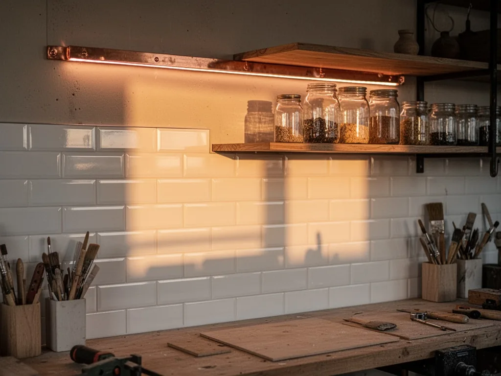 A glossy white subway tile backsplash with a copper LED strip light glowing above, open shelf with glass jars, warm even
