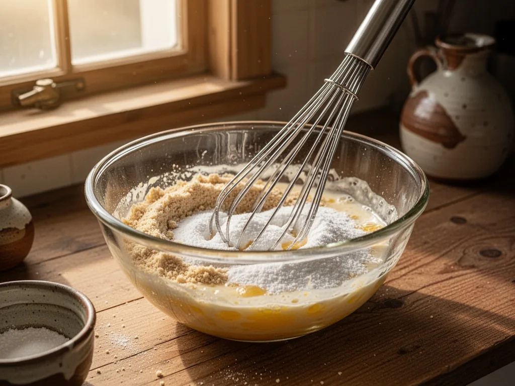 A stainless steel whisk blending almond flour and powdered sugar into egg whites inside a clear glass mixing bowl, woode