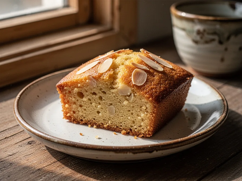 A golden-brown financier cake resting on a ceramic plate, visible almond slivers on top, cross-section revealing moist c