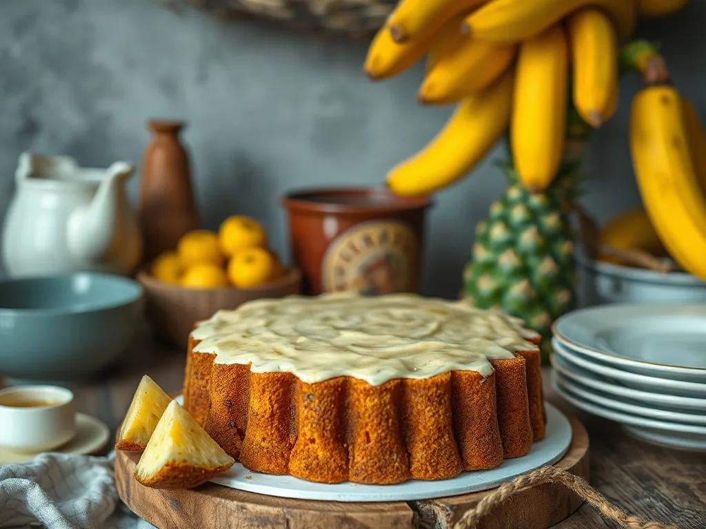 Gâteau renversé à l’ananas caramélisé, tranches d’ananas dorées sur le dessus, posé sur une assiette blanche avec une nappe