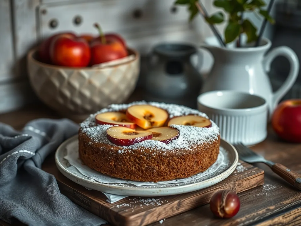 Gâteau aux pommes léger parsemé de fines lamelles de pomme, saupoudré de sucre glace, sur une assiette en grès