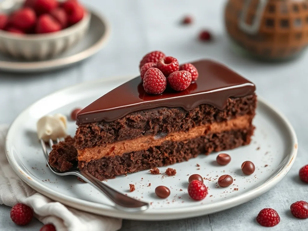 Part de gâteau fondant au chocolat, surface légèrement craquelée, servie sur une assiette avec un filet de coulis de fruits