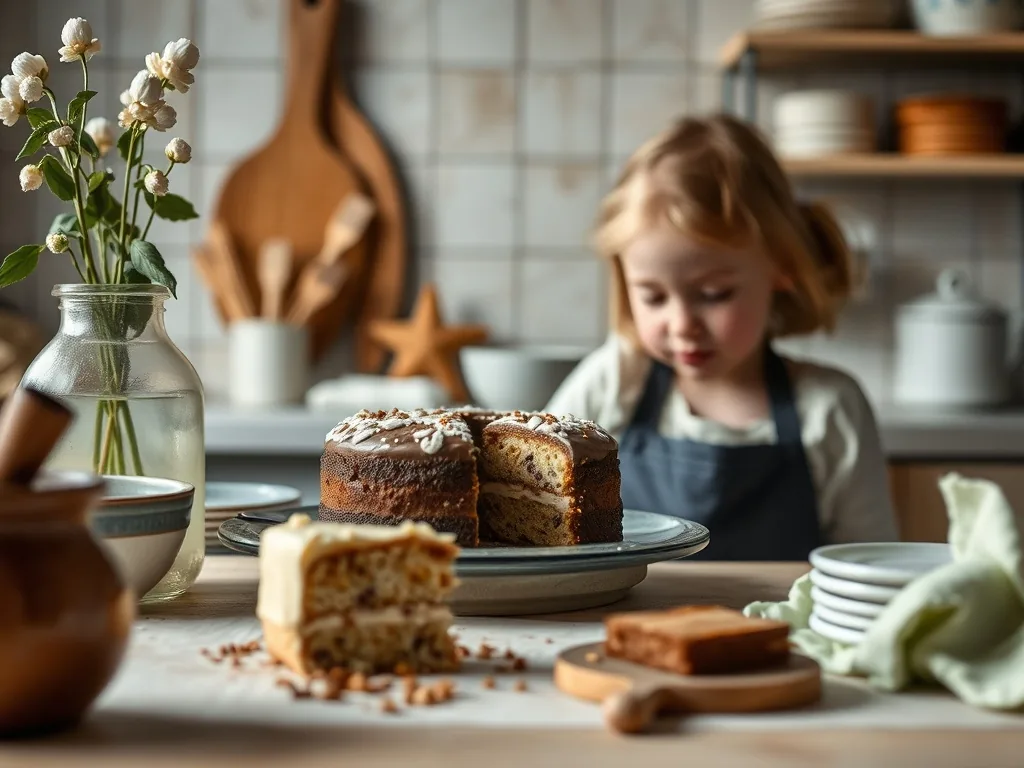 Gâteau des écoliers au chocolat sur une assiette blanche, nappage lisse, miettes de chocolat autour