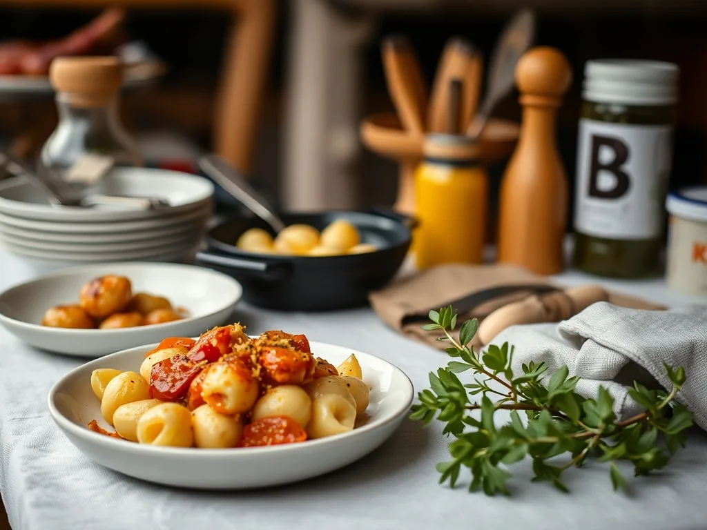 Plat à gratin de gnocchis à la semoule dorés, sur un plan de travail en bois avec une râpe et du parmesan
